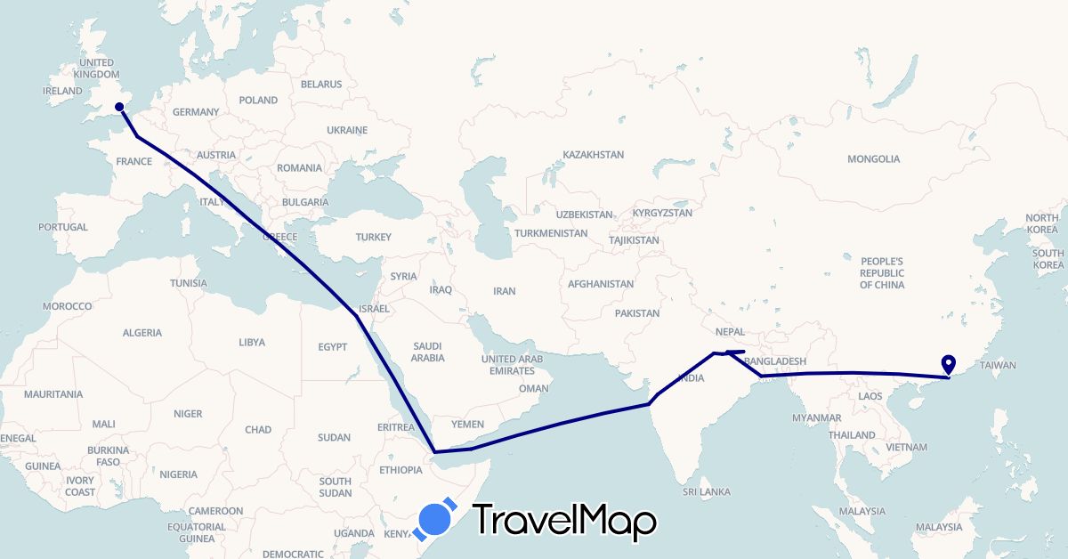 TravelMap itinerary: driving in China, Djibouti, Egypt, France, United Kingdom, India, Italy (Africa, Asia, Europe)